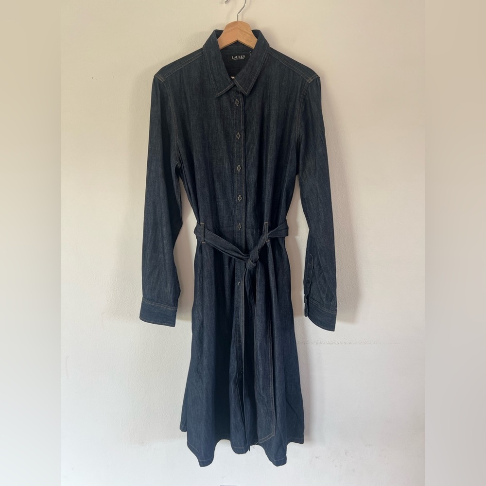 Lauren Ralph Lauren Denim Belted Shirt Dress In Dark Rinse Indigo Size 14 NWT - Picture 3 of 12